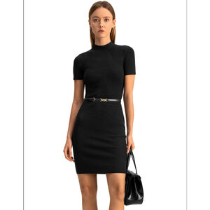 Lilysilk NWOT Black Ribbed Bodycon Knit High Neck Silk Blend Mini Dress Large